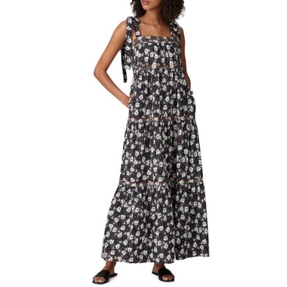 WARM Big Love Maxi Dress Black Multicolor Floral Tiered In Plumeria Print - Picture 4 of 12